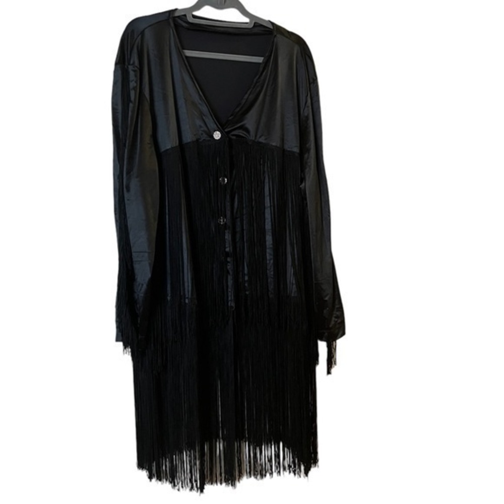 Fabulous black super long fringe long sleeved satin dress w/ rhinestone buttons